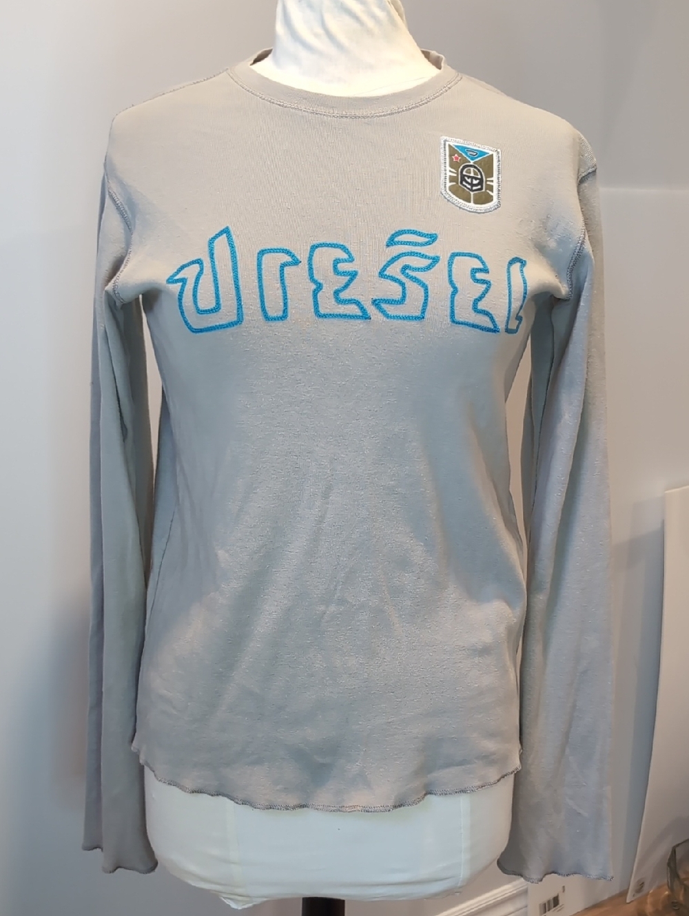 Y2K Diesel Light Gray Long Sleeve Top with Blue Embroidered Logo Vintage XXL